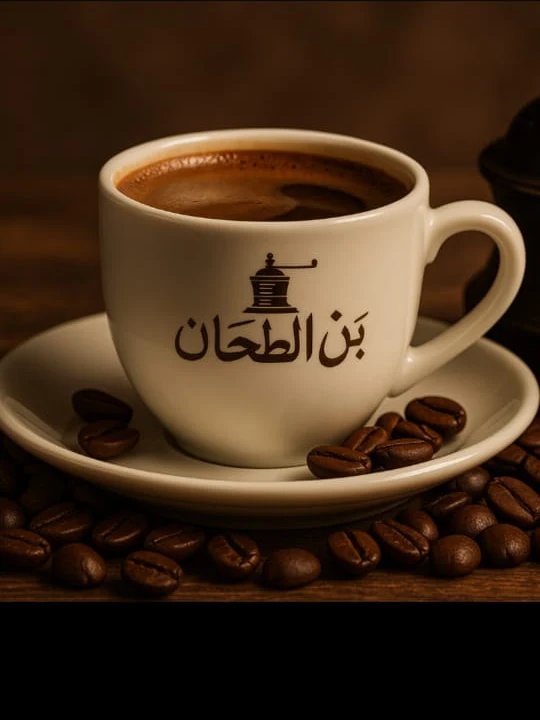 فنجان بن الطحان بجوار حبوب البن