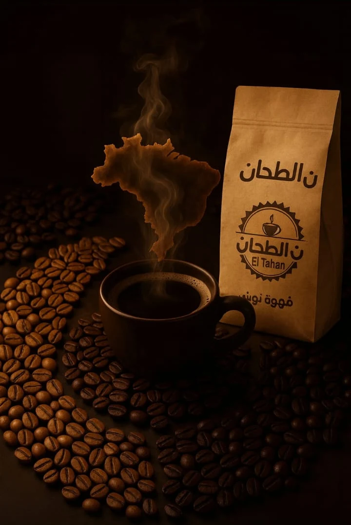 عبوة بن الطحان مع فنجان قهوة وحبوب البن